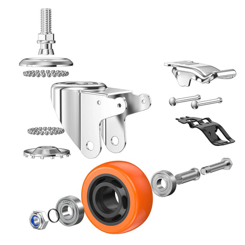 Tough As Nails Heavy Duty Stem Casters Featuring Super Smooth Silent Glide And Tight Dual Locking Brake Setup For Workbenches Dollies And Shop Projects Pack Of Four Pieces showing caster components with orange wheel and hardware.