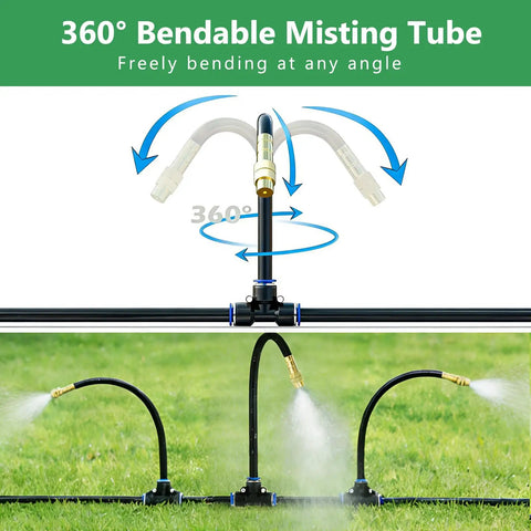 Close-up of a 100Ft Drip Irrigation System With One Quarter Inch Hose And 360 Degree Adjustable Copper Nozzles spraying water