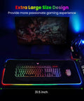 Gigantic RGB Gaming Mouse Pad With 14 Light Modes Extra Large 31.5 by 12 Inch showing illuminated desk setup.