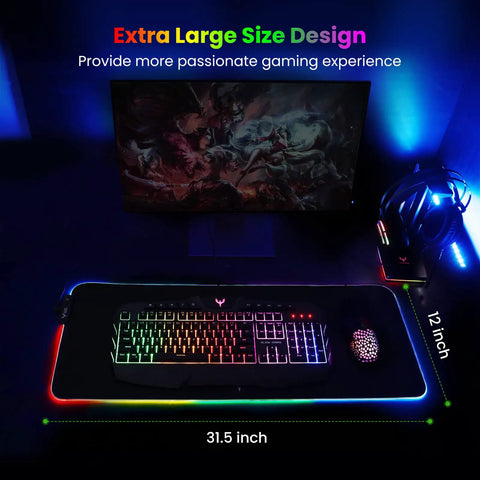 Gigantic RGB Gaming Mouse Pad With 14 Light Modes Extra Large 31.5 by 12 Inch showing illuminated desk setup.