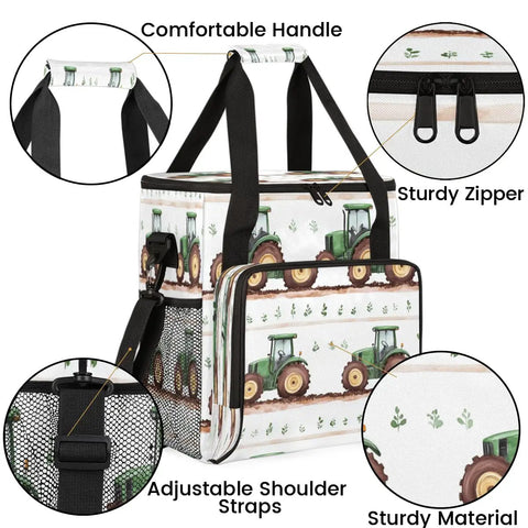 Farm Style Coffee Maker Travel Bag With Pockets For K Cup Pods Waterproof Durable Polyester Foam Lined Storage Case For Single Serve Brewers Portable Organizer For Road Trips And Home Office with tractor print design, showing handle, zipper, and straps.
