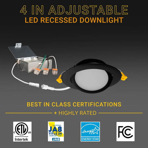 4 Inch Black Gimbal LED Recessed Lighting Kit With Slick Adjustable Lens For Sloped Ceilings, 2700K To 5000K Selectable CCT