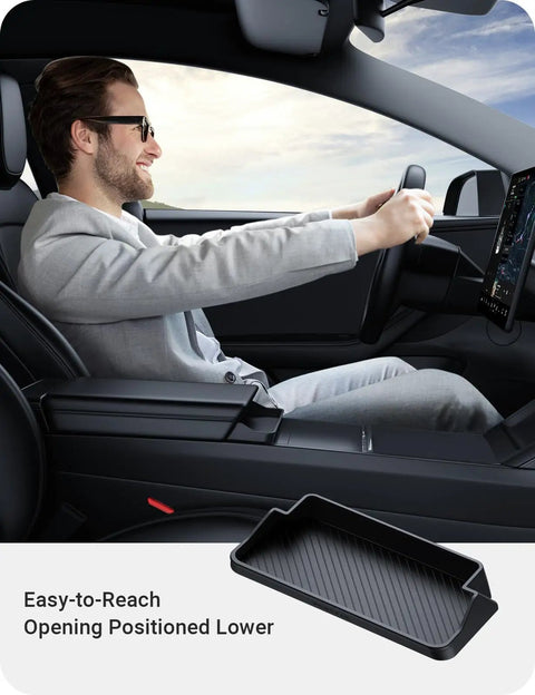 Tesla Model 3 And Model Y Center Console Sunglasses Holder And Armrest Storage Box in black silicone, car interior view