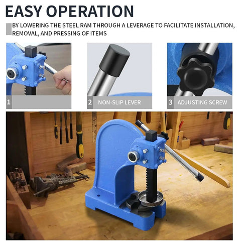 Built Different One Ton Manual Arbor Press With Four Position Steel Anvil And Five Point Five Inch Work Height for pressing items.