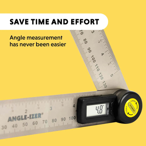 5-Inch Digital Angle Finder Ruler with large LCD display showing 40.8 degrees, for precise measurements, stainless steel material.