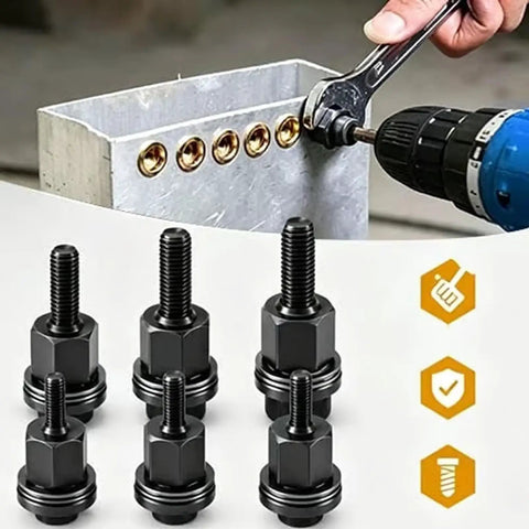 No Hassle Heavy Duty Carbon Steel Rivet Nut Tool Kit With M3 To M8 Inserts for quick panel repairs shown with nuts and wrench.