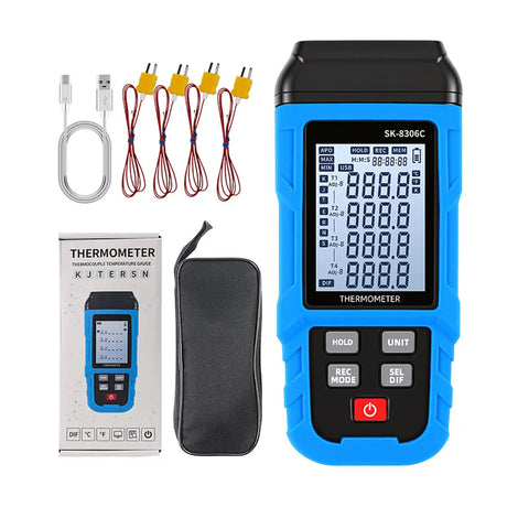 Dual Channel Thermocouple Thermometer Featuring K Type And J Type High Temperature Gauge Plus 5999 Smart Data Tracking Memory and USB Rechargeable showing probes and carrying case.