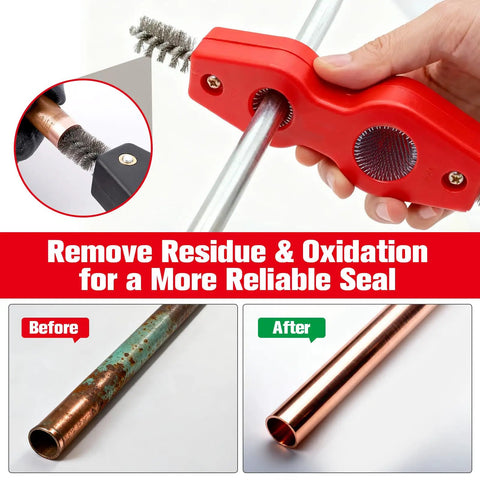 Copper Pipe Cutter Kit With Mini Tube Cutter And Bearing-Style Cutter showing cleaning tool removing oxidation from pipes