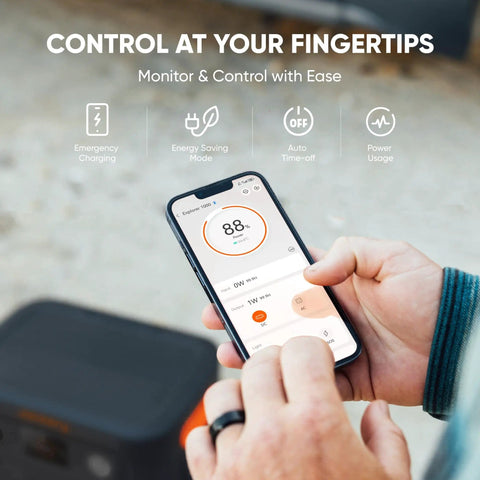 Person using smartphone app to monitor Solar Generator 240 V2 With 256Wh LiFePO4 Battery And 300W AC 100W USB C Output.
