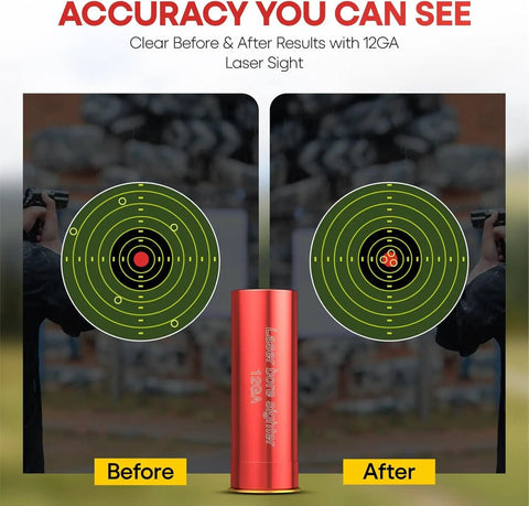 Before and after target results using Premium 12 Gauge Laser Bore Sight For Shotguns Precision Red Dot Zeroing Aid.
