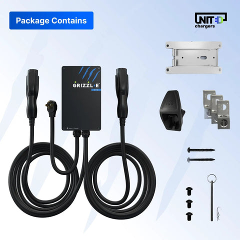 Duo Connect 40 Amp Level 2 EV Charger With 9.6 kW Output UL Listed with accessories, cables, and wall mount bracket.