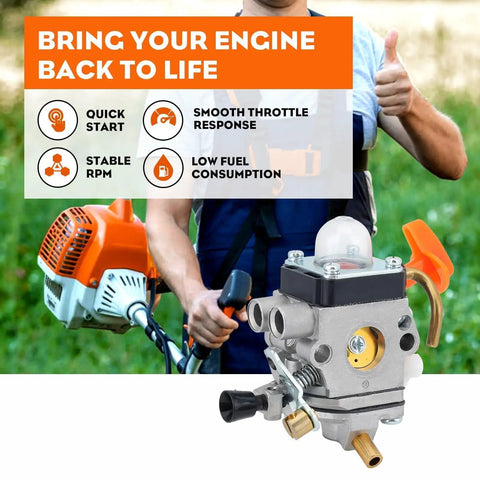 FS90R Carburetor Upgrade For Trimmers Fits FS90R FS110R FS90 FS100RX FS110 90R 110R ZAMA C1Q S174 4180 120 0611 Compatible Easy Install High Performance Fuel Meter And Durable Build with lawn trimmer in background