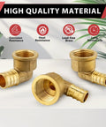 Three brass PEX 1/2 inch female NPT elbow fittings showcasing features; 10 Pack Pex Crimp Fittings Top Notch Half Inch Female NPT Elbow Brass Lead Free For Pex B C Tubing Works With Clamp And Copper Crimp Rings ASTM F1807 NSF ANSI 61 NSF 372