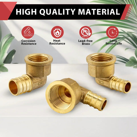 Three brass PEX 1/2 inch female NPT elbow fittings showcasing features; 10 Pack Pex Crimp Fittings Top Notch Half Inch Female NPT Elbow Brass Lead Free For Pex B C Tubing Works With Clamp And Copper Crimp Rings ASTM F1807 NSF ANSI 61 NSF 372
