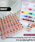 Display of All In One Gel Nail Polish Kit With 68 Bright Colors And 4 Essential Gels Base Coat Builder Gel Top Coat Plus High Shine Finish