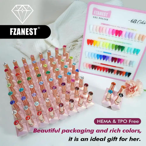 Display of All In One Gel Nail Polish Kit With 68 Bright Colors And 4 Essential Gels Base Coat Builder Gel Top Coat Plus High Shine Finish