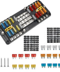 20 Way Blade Fuse Block 16 Circuit Fuse Holder DC Sub Panel With Ground And Cover For SUV Boat Yacht RV Car Marine Truck Trike Vehicle Plug In Ready, showing fuses and accessories.