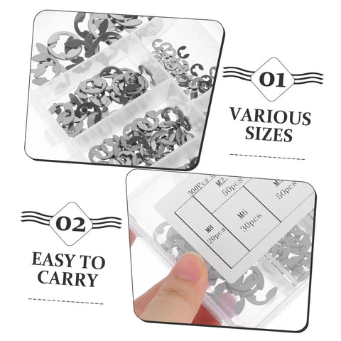 Circlip And Split Washer 300 Piece Set Stainless Steel 304 E Type Retaining Rings Transparent Storage Case For Quick Access