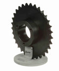 Heavy Duty Steel Roller Chain Sprocket Featuring Split Taper Bore For Single Strand Drives, 50 Pitch Ansi Configuration, 31 Teeth, side view on display.