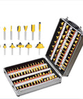 Heavy Duty Tungsten Carbide Router Bit Set Quarter Inch Shank Woodworking Milling Cutter Kit in a metal case with multiple bits.