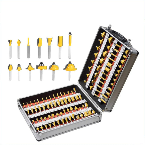 Deadly Sharp 100 Piece 1/4 Inch Shank Router Bit Set Tungsten Carbide Woodworking Milling Cutters displayed in heavy duty aluminum case.