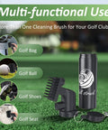 Golf Club Cleaner Kit with 4oz water bottle, groove cleaner, and retainer clip on grass, highlighting multifunctional use for golf gear.