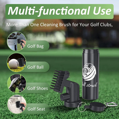 Golf Club Cleaner Kit with 4oz water bottle, groove cleaner, and retainer clip on grass, highlighting multifunctional use for golf gear.