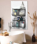 Bathroom with installed 2 Piece Tiered Pegboard Basket Set With 4 Hooks Black Pegboard Storage System for organization