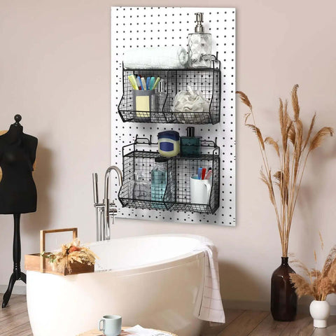 Bathroom with installed 2 Piece Tiered Pegboard Basket Set With 4 Hooks Black Pegboard Storage System for organization