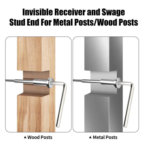 Invisible receiver and swage stud end installation on wood and metal posts from 50 Pairs Invisible Cable Railing Kit For One Eighth Inch T316 Stainless Steel Cable Hardware With Invisible Receivers And Swage Stud Ends, DIY Friendly Deck Marine And Interior Install, Weatherproof, Clean Sleek Look.