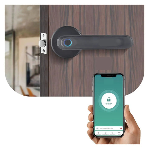 Straight Up Secure Fingerprint Smart Lock For Front Door Electronic Automatic Deadbolt Waterproof Biometric Keyless Entry No Fuss Setup shown on wooden door with phone app interface.
