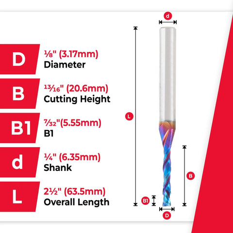 Diagram of Spektra Extreme Tool Life Solid Carbide CNC Compression Spiral Router Bit specifications and dimensions