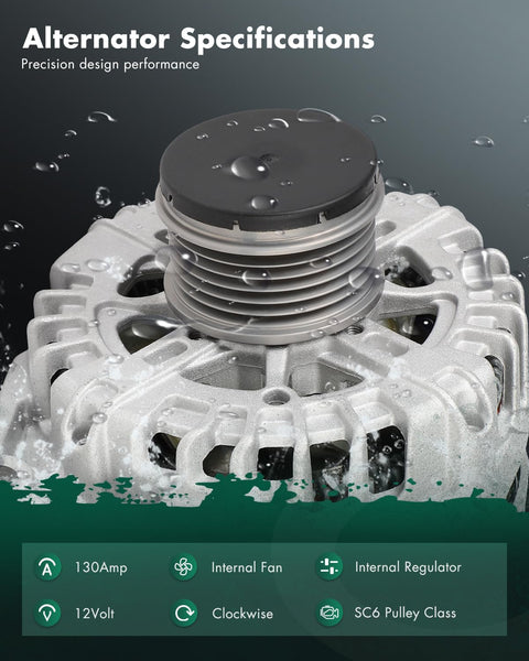 High Output 12V 130Amp Car Alternator With CW Pulley SC6 Drop-In Replacement For Chevrolet Cruze front view, showing specifications.