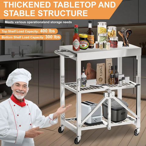 Slick Stainless Steel Folding Kitchen Cart Rock Solid Three Tier Rolling Utility Station with condiments and kitchen tools.
