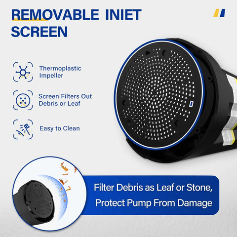 One Third HP Submersible Water Pump 2160 GPH Portable Sump Pump removable thermoplastic inlet screen detail