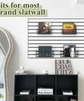 4 Pack Heavy Duty Slatwall Baskets Set For Garage And Shop Organization, mounted on slatwall with books and decor items