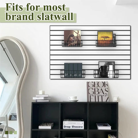 4 Pack Heavy Duty Slatwall Baskets Set For Garage And Shop Organization, mounted on slatwall with books and decor items