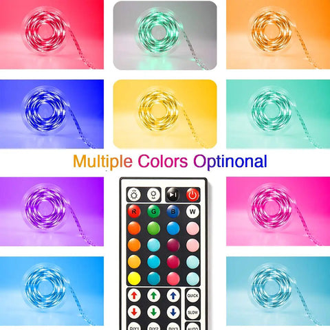 Lit 32.8 Foot RGB LED Strip Lights For Bedroom Color Changing Glow displayed in multiple colors with 44 key remote control