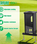 Protective Case For Square Golf Launch Monitor With Rugged PETG Construction Precision Leveling Base Two Point Five Inch Adjustable Height Built In Remote Holder And Ventilation Cutout displayed on grass with feature labels