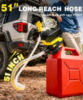 Grab And Run Cordless Fuel Transfer Pump With Smart Auto Shutoff And Slick Hand Trigger Nozzle Battery Powered Plus 12V Plug For Gas Or Diesel Heavy Duty Garage Rig with 51 inch hose and fuel can.