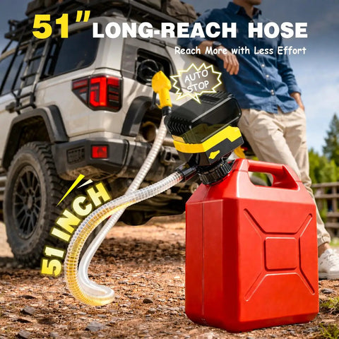 Grab And Run Cordless Fuel Transfer Pump With Smart Auto Shutoff And Slick Hand Trigger Nozzle Battery Powered Plus 12V Plug For Gas Or Diesel Heavy Duty Garage Rig with 51 inch hose and fuel can.