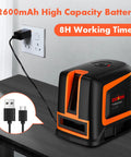 Rechargeable Self Leveling Laser Level With Green Cross Lines, shown plugged in for charging with Type-C cable