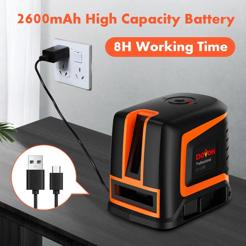 Rechargeable Self Leveling Laser Level With Green Cross Lines, shown plugged in for charging with Type-C cable