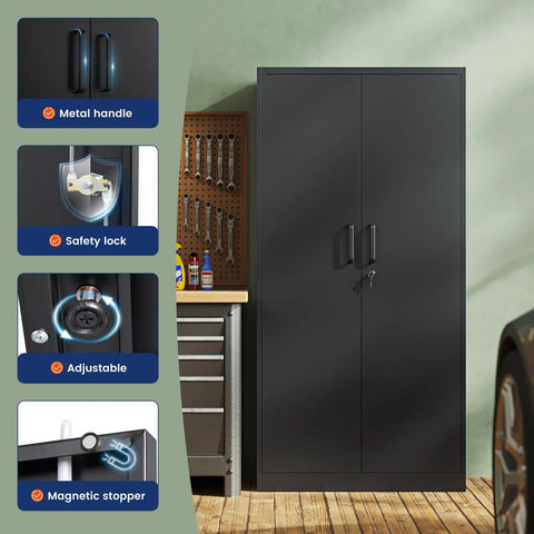 Heavy Duty Metal Storage Cabinet With Two Doors And Five Adjustable Shelves 71 Inch Tall Steel Locking Cabinet for garage