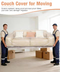 Two movers carrying sofa in Extra Thick 4Mil Clear Furniture Cover For Sofa Sectional Loveseat And Outdoor Furniture Dust Proof Waterproof Moving Storage Bags 84 Inch H 43 Inch W 84 Inch D Large Size.