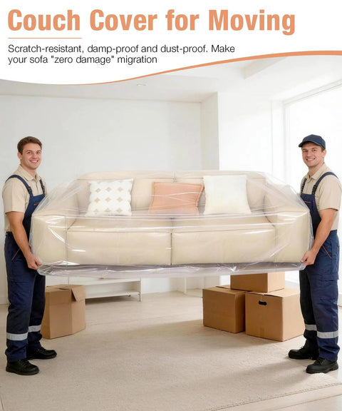 Two movers carrying sofa in Extra Thick 4Mil Clear Furniture Cover For Sofa Sectional Loveseat And Outdoor Furniture Dust Proof Waterproof Moving Storage Bags 84 Inch H 43 Inch W 84 Inch D Large Size.