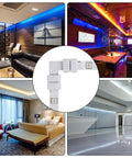 4 Pin 10mm LED Strip Connector Kit With 90 Degree Angled Jumpers No Fuss Solderless L Shape Plug For 5050 2835 RGB Rope Lights 32.8ft Extension Wire Male To Female For 10mm PCBs, showcasing indoor lighting applications in various rooms.