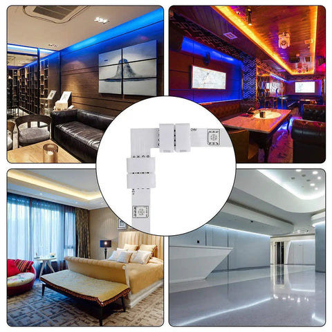 4 Pin 10mm LED Strip Connector Kit With 90 Degree Angled Jumpers No Fuss Solderless L Shape Plug For 5050 2835 RGB Rope Lights 32.8ft Extension Wire Male To Female For 10mm PCBs, showcasing indoor lighting applications in various rooms.