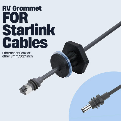 RV Cable Passthrough Grommet For Starlink Mini And RVs Water Resistant Ethernet Coax Pass Through close-up with cable inserted