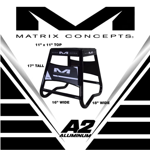 A2 Motocross Aluminum Dirt Bike MX Stand With Limited Edition 25 Piece Sticker Kit Black, showing dimensions and design.